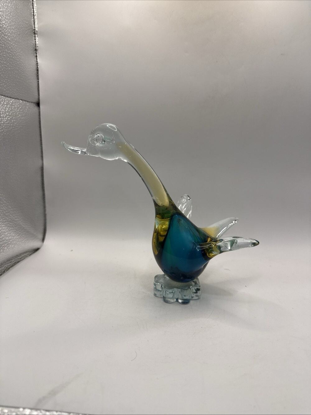 Vintage Hand Blown Art Glass Duck Goose Figurine Blue Amber Clear 6” MCM *